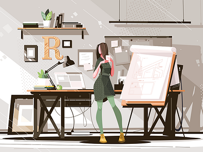 Girl architect working on project architect character flat girl illustration kit8 project vector working