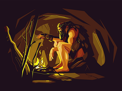 Caveman near bonfire