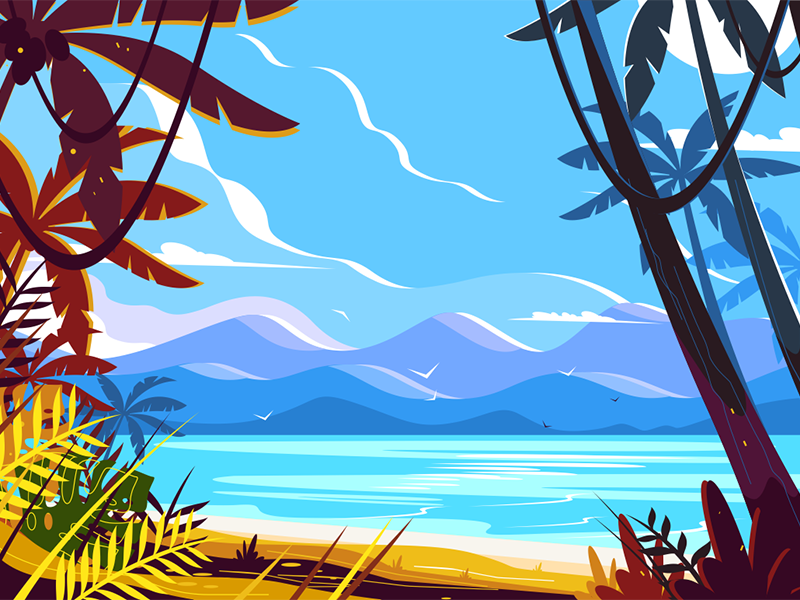 Paradise beach landscape kit8 flat vector illustration background seashore trees palm tropical landscape beach