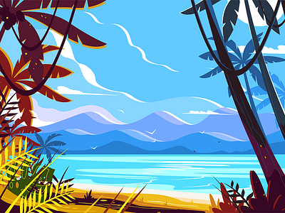 Paradise beach landscape background beach flat illustration kit8 landscape palm seashore trees tropical vector