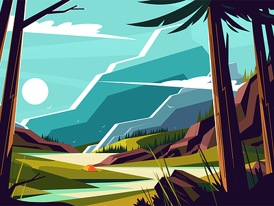 Vacation in mountains flat illustration kit8 landscape mountain river tree vacation vector
