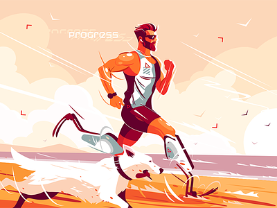 Man with prosthetic legs running on seashore character dog flat illustration kit8 leg man prosthetic running seashore vector