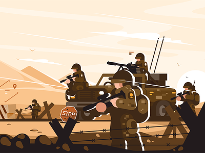 Military roadblock with soldiers arms character flat illustration kit8 man military roadblock soldier uniform vector