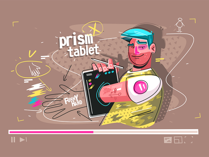 Through tablet prism kit8 flat vector illustration character hand demonstrating man smiling tablet prism