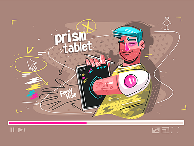 Through tablet prism character demonstrating flat hand illustration kit8 man prism smiling tablet vector