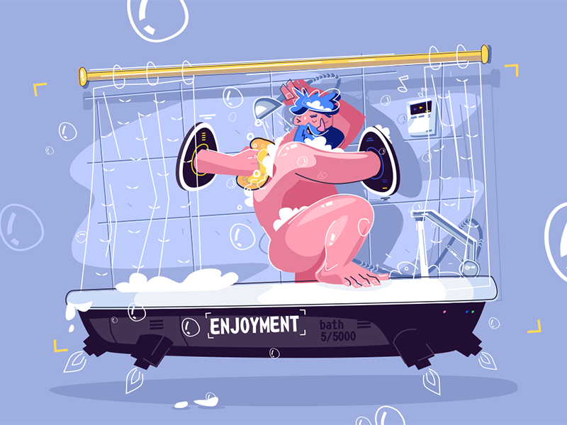 Man washing in fantastic shower kit8 flat vector illustration character guy shower fantastic washing man