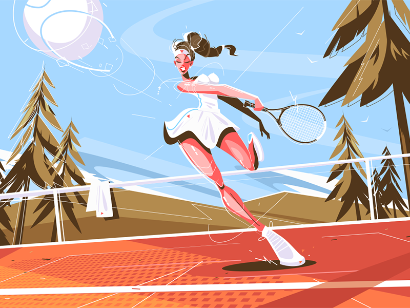 Cute girl with racquet character cute flat girl illustration kit8 player professional racquet tennis vector