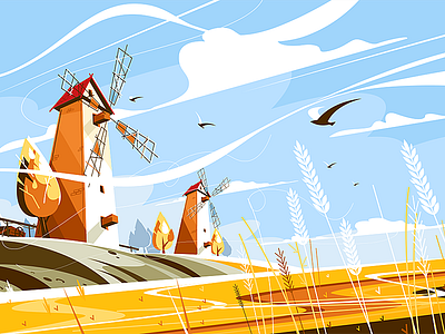 Windmill near wheat field building field flat illustration kit8 sails vanes vector wheat windmill