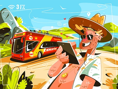 Cheerful tourists on bus bus cheerful flat illustration kit8 man smiling tourists vector