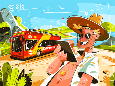 Cheerful tourists on bus bus cheerful flat illustration kit8 man smiling tourists vector