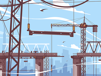 Bridge construction process bridge construction crane flat illustration kit8 process vector