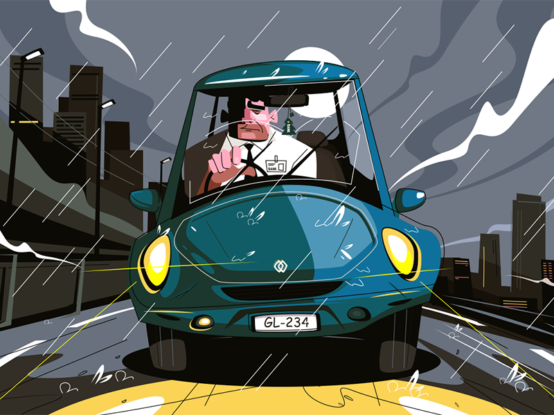 Office worker driving home car character evening flat going illustration kit8 man manager rainfall vector