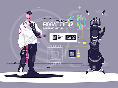 High technological biomodification biomodification character cyborg flat hand illustration kit8 man showing standing technological vector