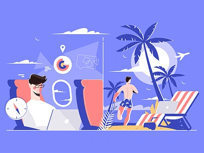 Businessman on plane versus on vacation at a beach airplane beach businessman character flat illustration kit8 laptop man rest tropic vector working