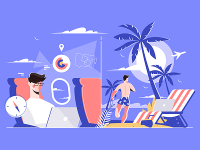 Businessman on plane versus on vacation at a beach airplane beach businessman character flat illustration kit8 laptop man rest tropic vector working