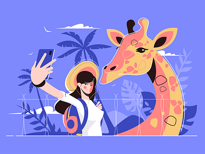 Selfie with giraffe character flat giraffe girl illustration kit8 photo selfie traveller vector