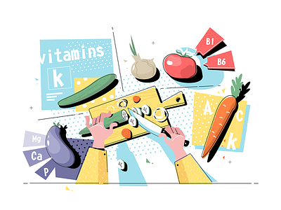 Cutting vegetables on table top view cut flat hand holding illustration kit8 knife table vector vegetable