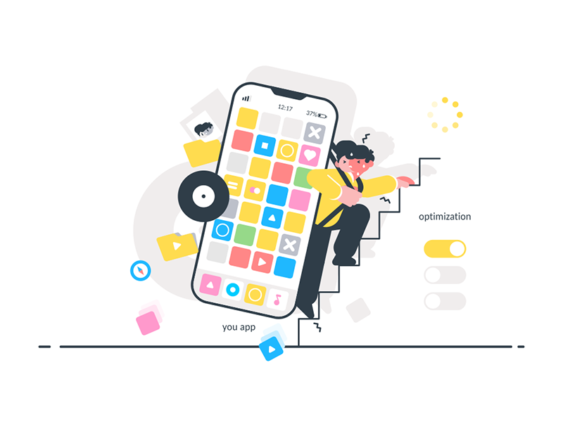 Guy climbing stairs with heavy smartphone on back character climbing flat heavy illustration kit8 man modern smartphone vector