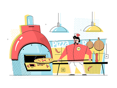Man baking pizza baking character cook flat illustration kit8 man pizza professional uniform vector