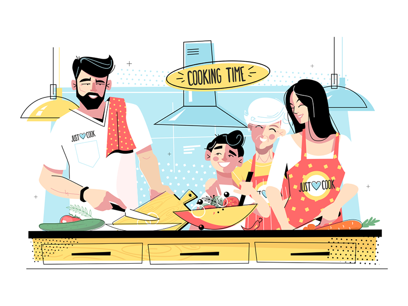 Family cooking food together character cooking family flat food illustration kit8 together vector