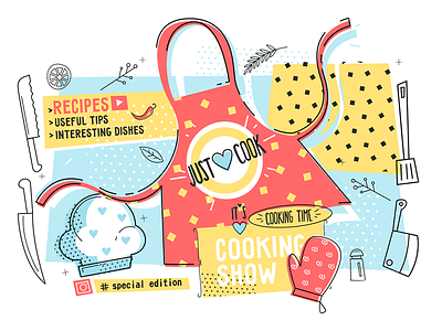 Cooking show and cook time poster apron cooking flat hat illustration kit8 kitchen poster show vector