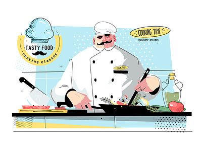 Cooking time and culinary project character chef cook cooking culinary flat illustration kit8 man time vector
