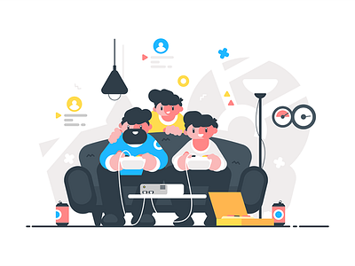 Friends sitting on couch and playing video games character flat friend game gamepad gamer illustration kit8 man vector videogame