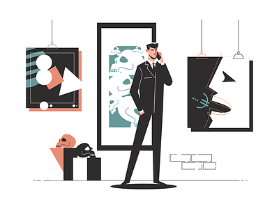 Businessman in an art gallery talking on phone art character flat gallery illustration kit8 man phone talk vector