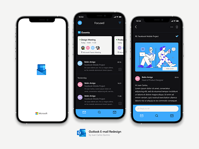 Outlook Email Redesign dark app dark mode darkmode email emailmarketing free freebie freebies inbox iphone12 meeting app mobile mockups outlook redesign refresh uidesign