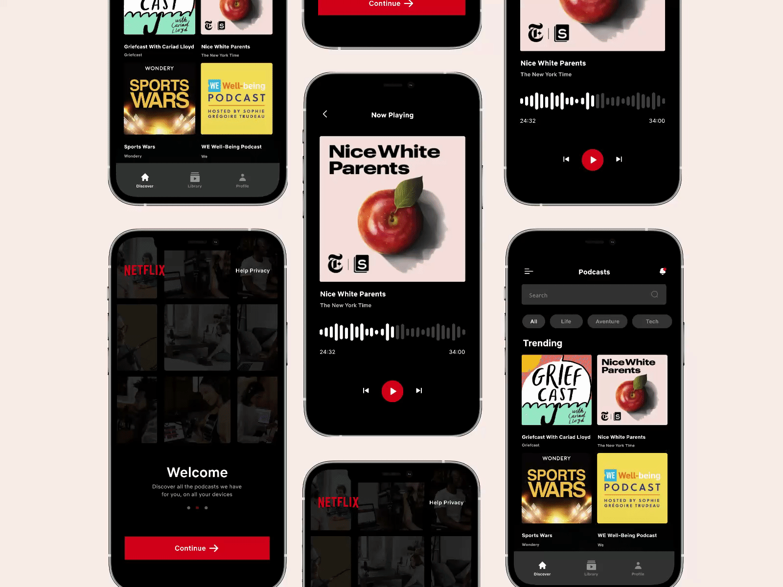 Netflix Podcasts App Concept UI animation app design branding darkmode mobile netflix podcasts redesign ui ux