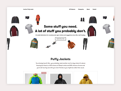 You need another puffy jacket ecommerce funny landing page minimal nocode outdoors products review shopping travel webflow white