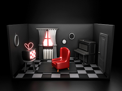 Black Room 3d 3dart art black and white blender cycles furniture home pianom red sofa render room tv