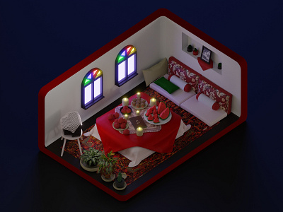 Happy Yaldā Night! 3d 3dart 3dblender art blender design furniture home illustration persian persianhouse red watermelon yalda yaldanight