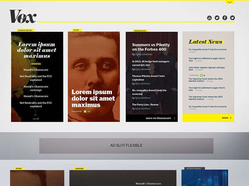 Early Vox.com Homepage mock vox news typography journalism yellow grey