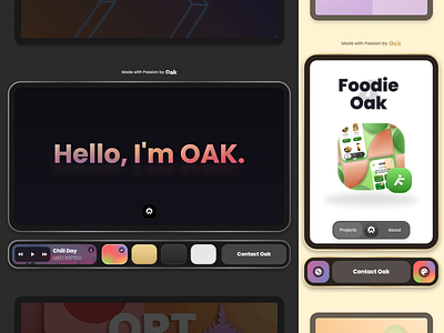 Oakfolio 🎨 about app branding contact design device experimental figma icon illustration logo music player portfolio product design responsive theme ui ux webflow website