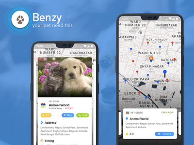 Pet Clinics And Stores UI carddesign cat design dogs flatdesign map and list pet pet clinics pet store ui userexperience ux