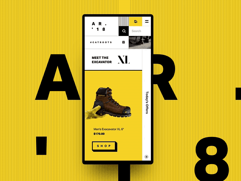 Meet the Excavator XL - Mobile animation brutalism brutalist design ecommerce grid grid layout interaction international product safety shoes shopping style swiss type typographic ui web yellow