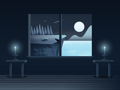 Nighttime Views cabin illustration illustrator nature night vector water window