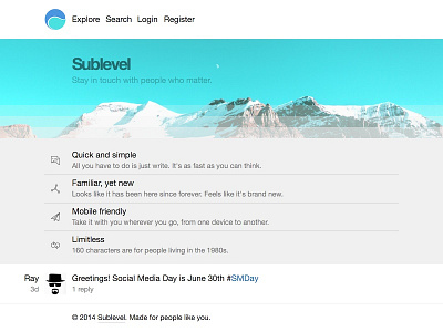 Landing: Sublevel blue bold cool cyan fresh graphic helvetica ice icons landing mountain teal