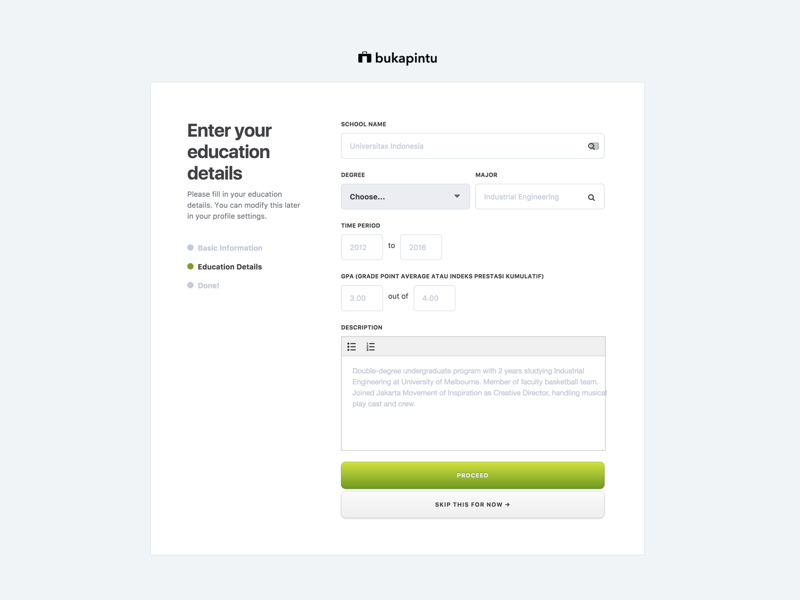 Bukapintu - Sign Up - Education details button input education process bukapintu login sign up