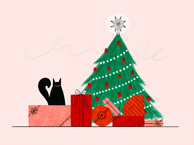 Merry Christmas 🎁🐱🎄 cat christmas christmas gift christmas tree gifts holiday illustration magical procreate star texture