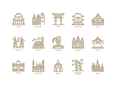 Asian countries and cities landmarks icons asia city country icon