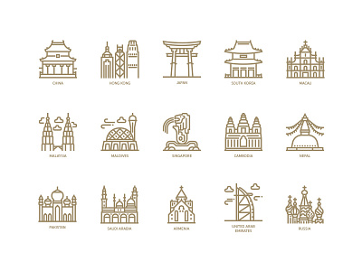 Asian countries and cities landmarks icons