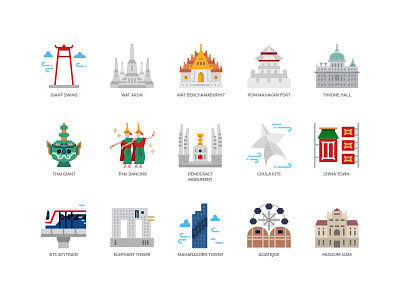 Bangkok symbols and landmarks icons