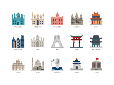 Asian countries and cities landmarks icons asian asian cities asian coutries icon icon design landmarks
