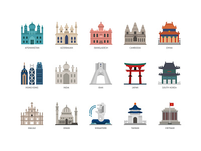 Asian countries and cities landmarks icons