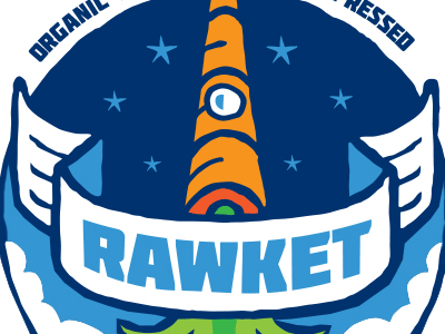 Rawket banner carrot cold juice logo pressed raw rocket ship space vector