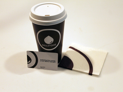 Millstone Coffee Rebrand card coffee cup logo mark napkin packaging