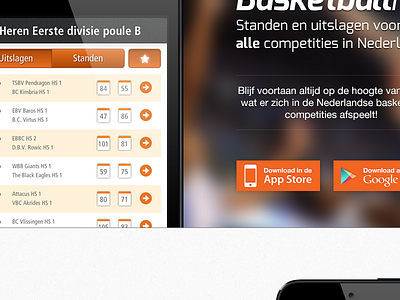 BasketballNL landing page android app basketball basketball app blur download full width iphone orange website
