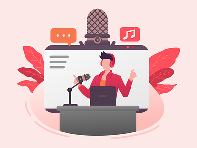 Podcast Broadcasting Flat Illustration audio broadcast broadcasting concept flat illustration media mic microphone music online podcast podcasting radio record sound studio technology vector voice